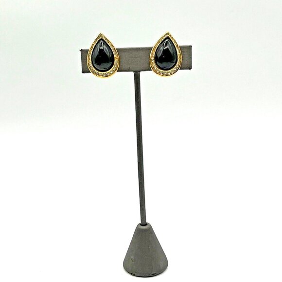 Vintage CHRISTIAN DIOR Pave Crystal Black Cabochon Clip On Earrings Gold Tone - Picture 4 of 9